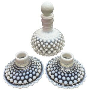 Vintage White Hobnail Milk Glass Vanity Set Perfume Bottle & Candle Holders